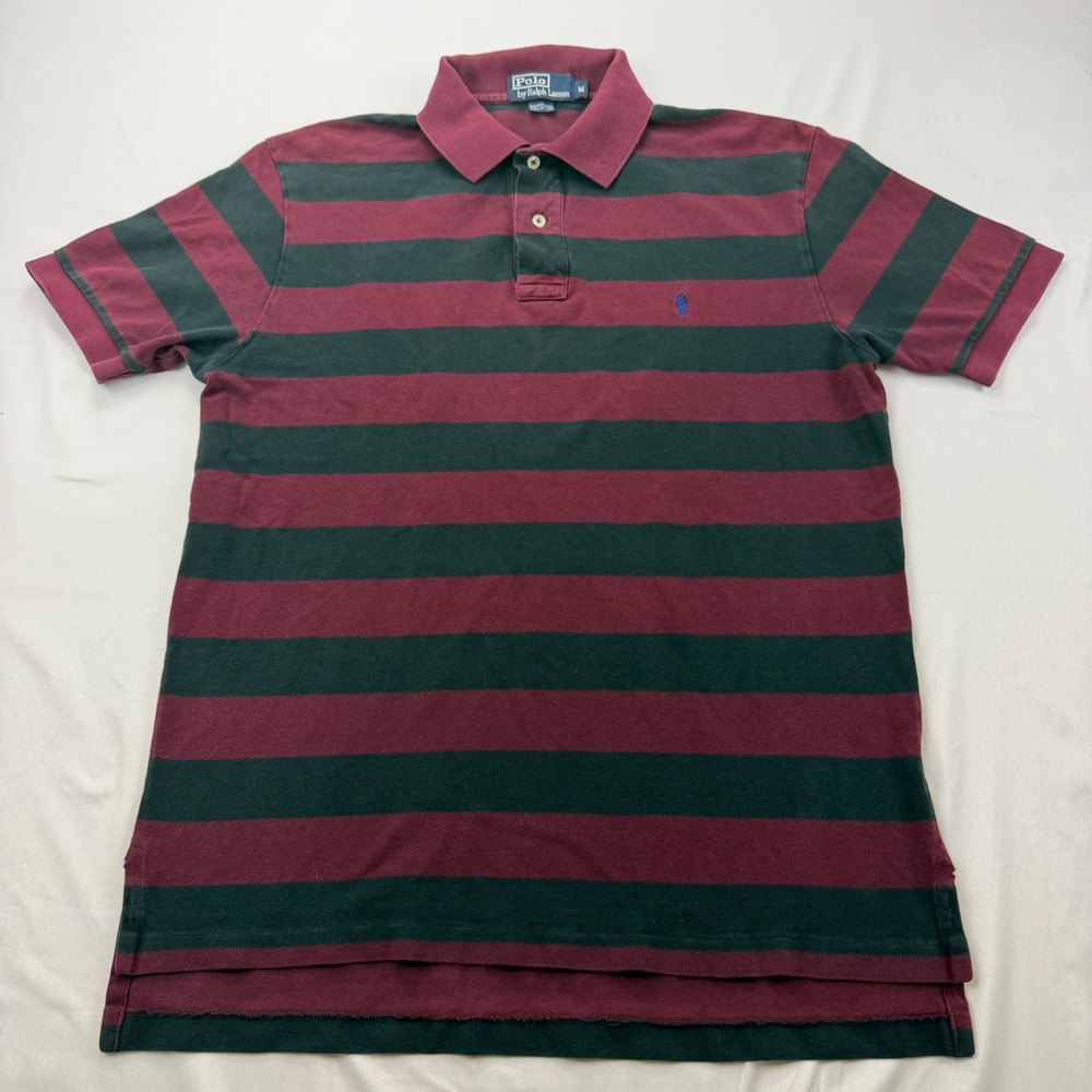 Polo Ralph Lauren Polo Shirt Mens M Burgundy Green Striped Pique Short Sleeve